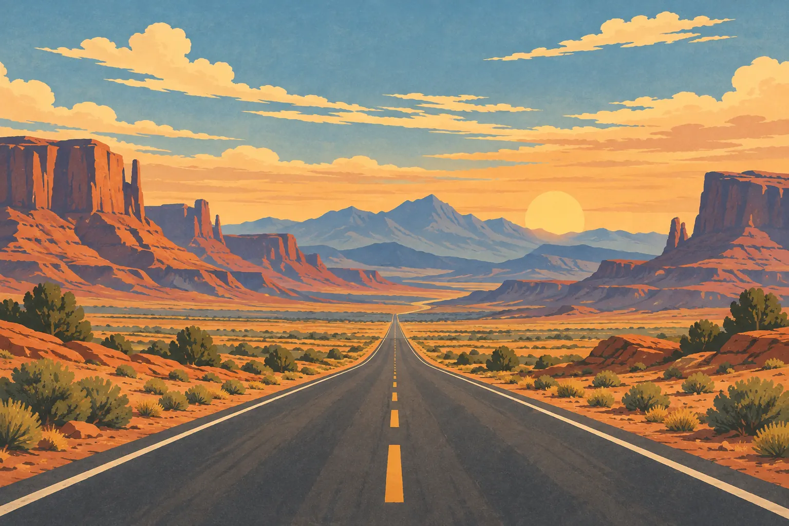 A straight road crosses a shrub-dotted desert between tall red mesas, leading toward distant mountains and a setting sun