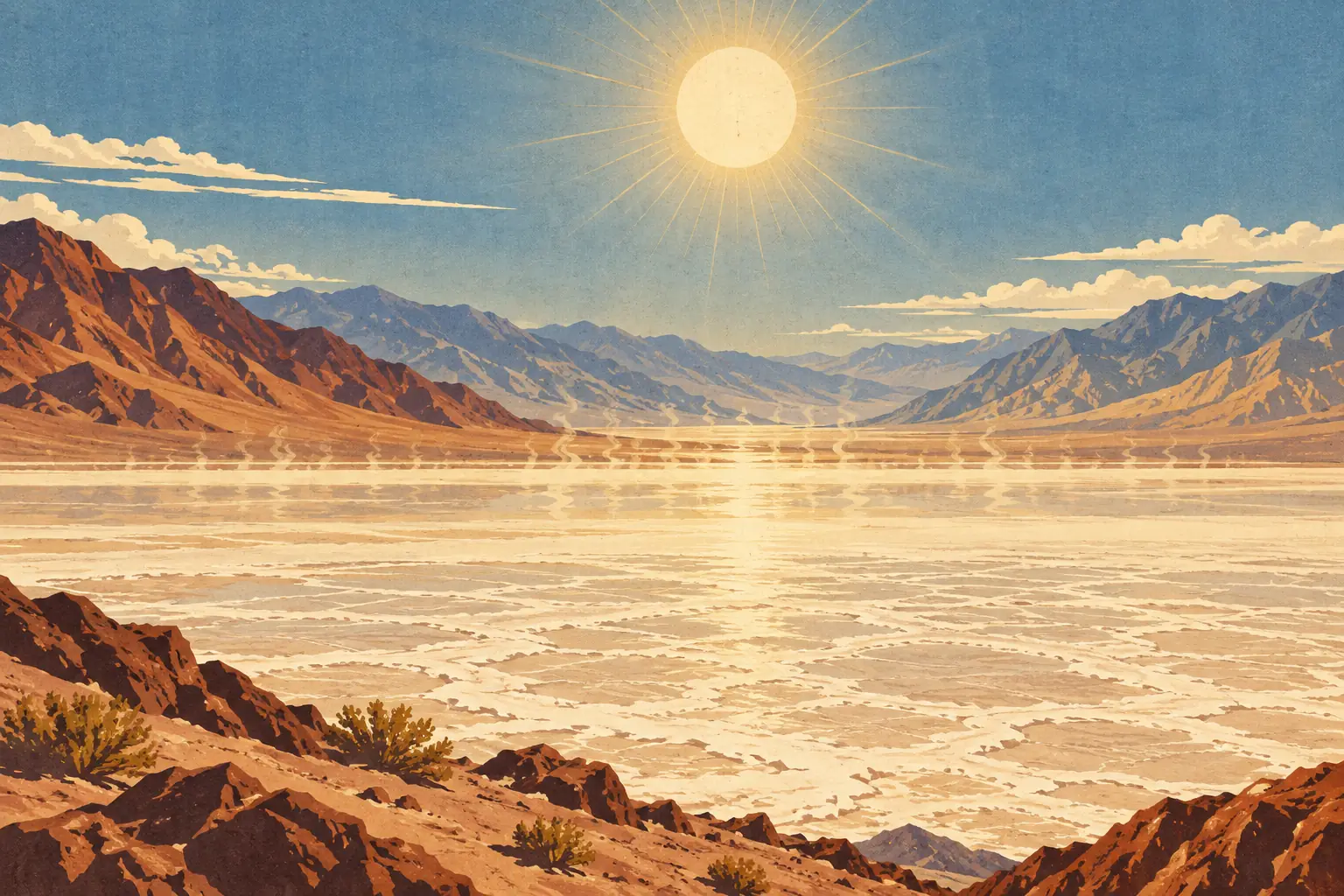 White desert valley surrounded by ochre and gray mountains, beneath a blazing sun in a blue sky