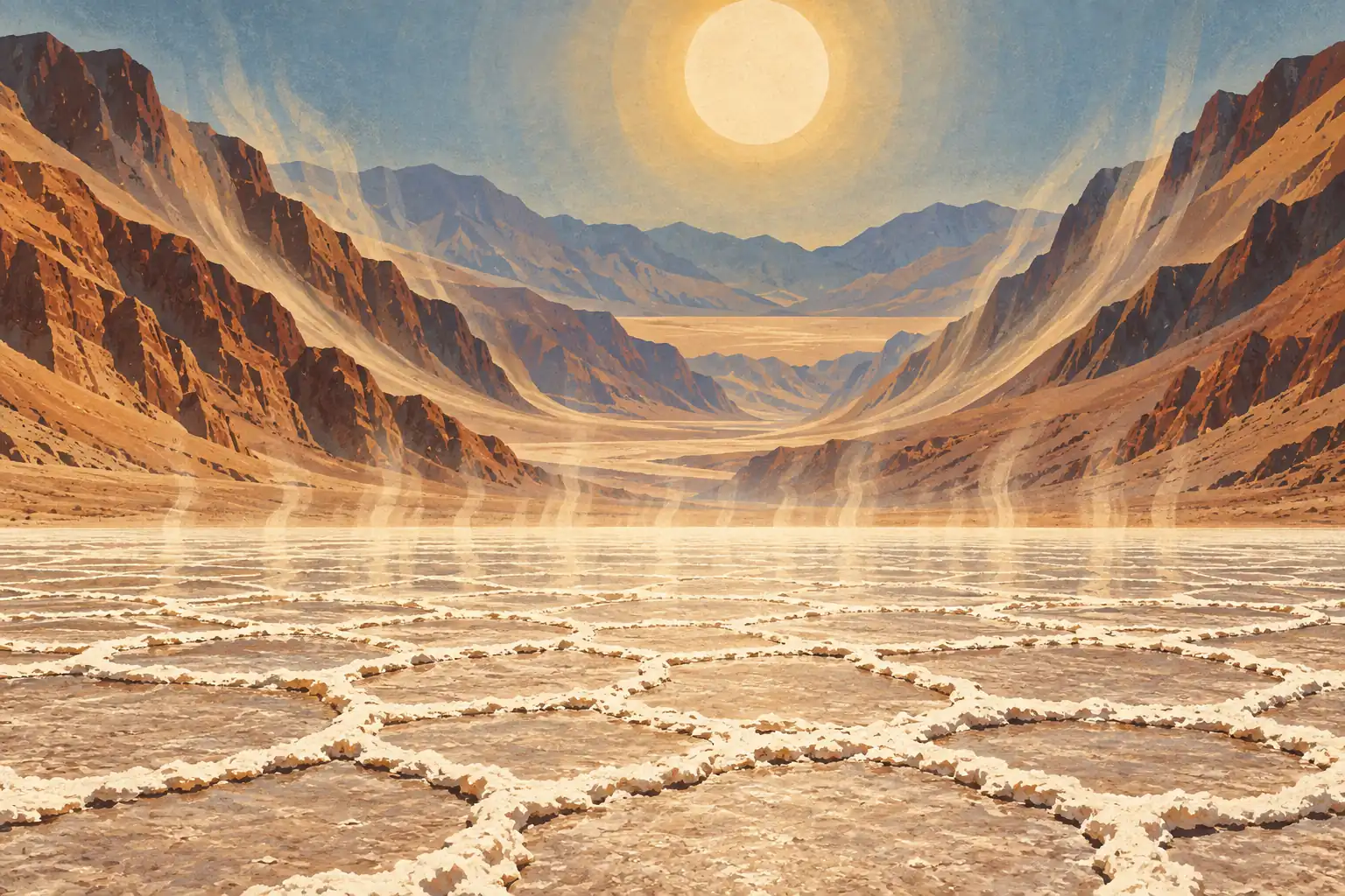 Vast desert basin cracked with salt, framed by arid mountains beneath a blazing sun and rising waves of heat