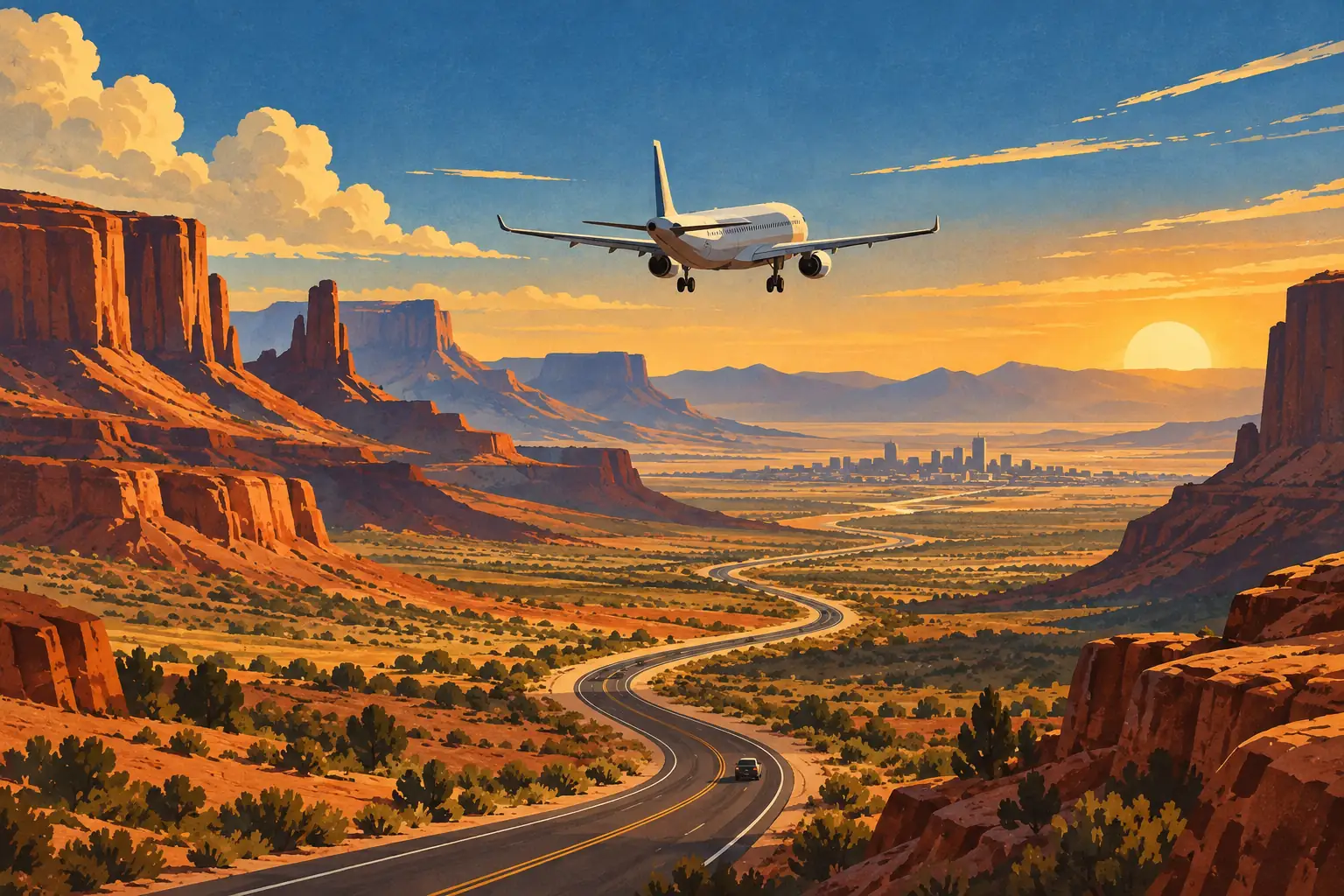 Airliner flying above a winding highway through a red mesa desert, with a distant city and the sun on the horizon