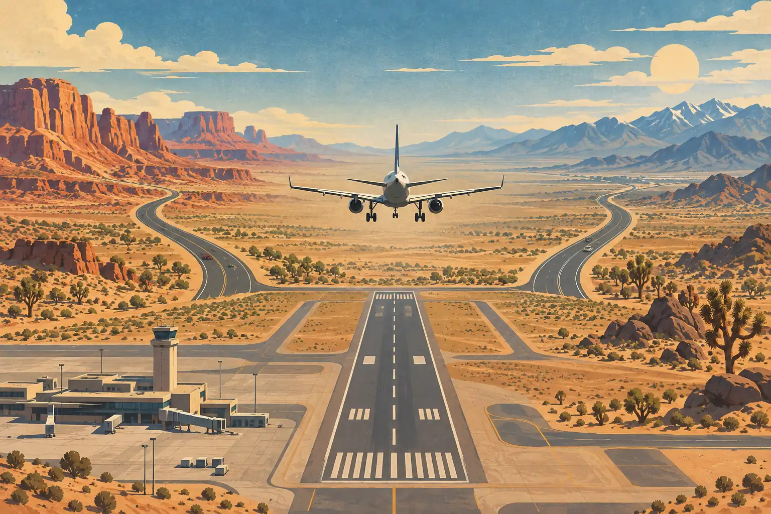 An airliner approaches a desert runway between winding highways, red rock mesas, and distant mountains