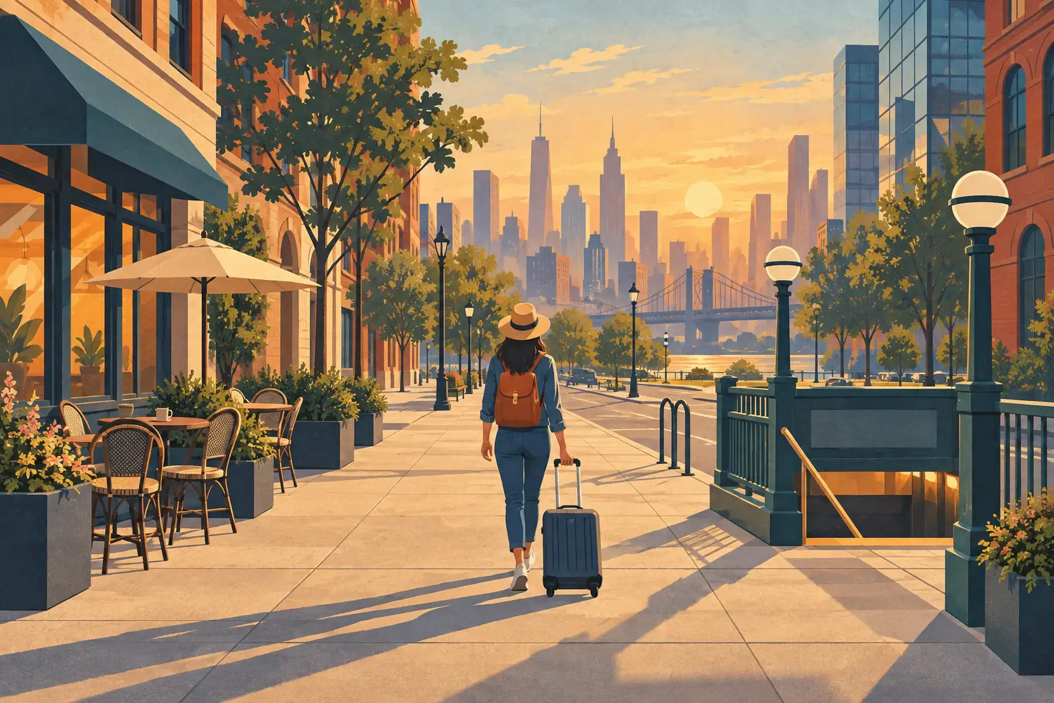 Une voyageuse avec valise marche seule sur un quai urbain, au coucher du soleil, face aux gratte-ciel et à un pont