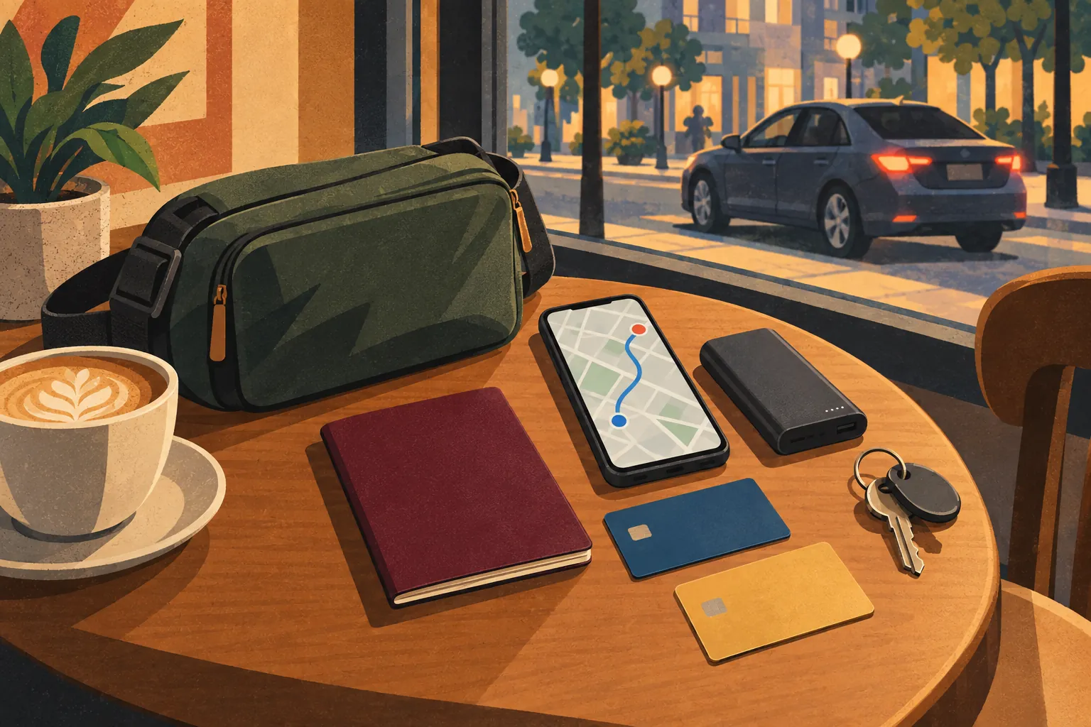 Sur une table de café, un sac, un téléphone affichant un trajet, une batterie, deux cartes, des clés, un carnet et une tasse