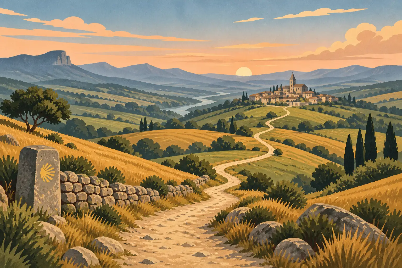 Chemin sinueux traversant des collines dorées vers un village et son église, au soleil couchant, avec une borne de pèlerin