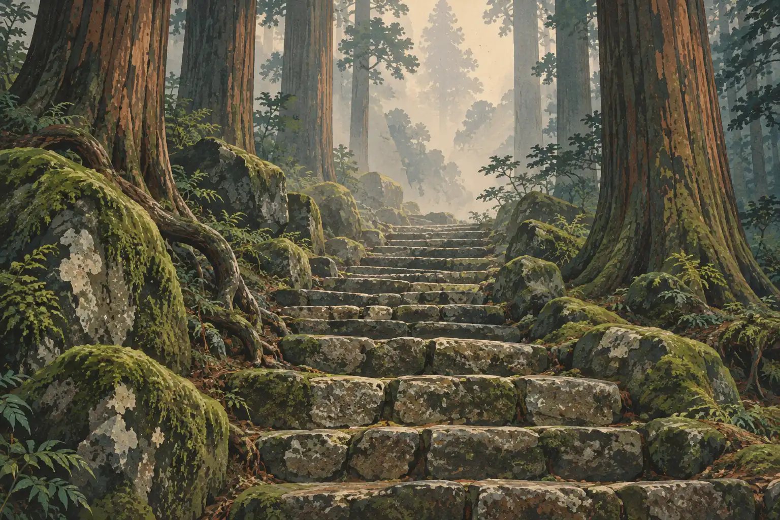 Escalier de pierres couvert de mousse montant entre des rochers, des fougères et de grands arbres dans une forêt brumeuse