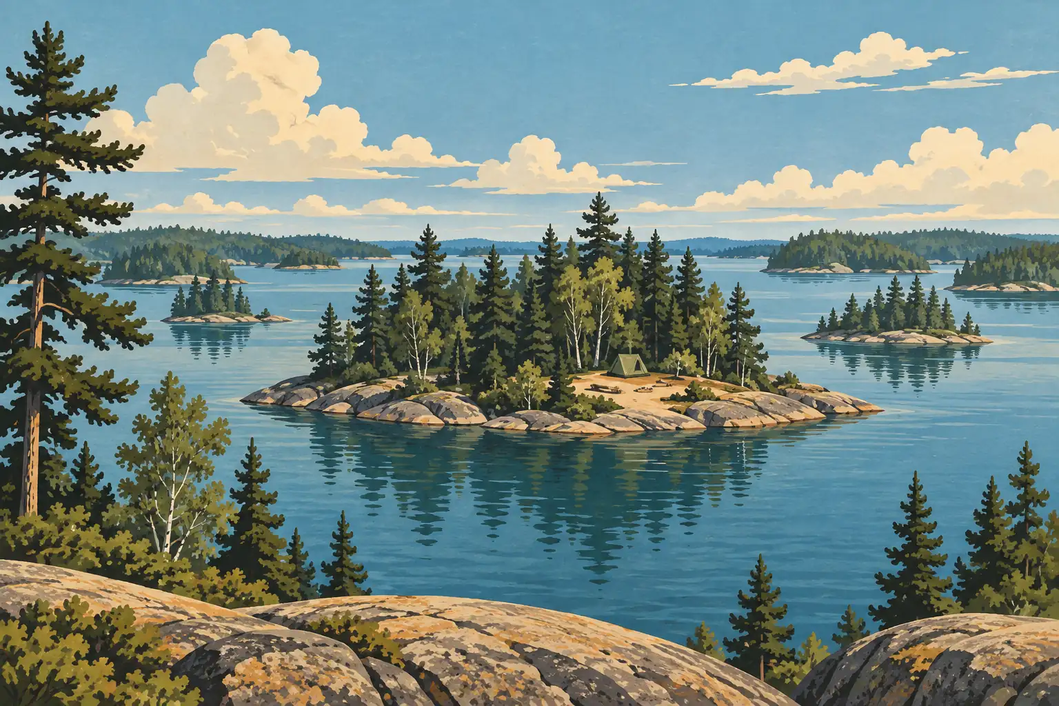 Felsige, mit Nadelbäumen bewachsene Insel samt Zelt in einem ruhigen, von Inseln übersäten See unter großen Wolken
