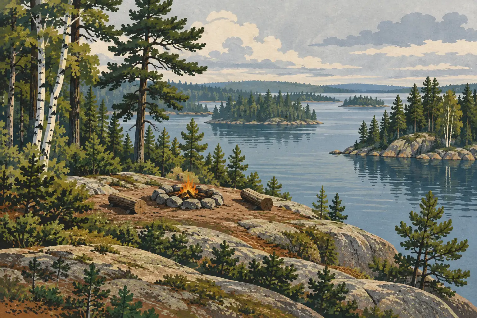 A campfire encircled by logs burns on a rocky overlook above a calm lake dotted with forested islands