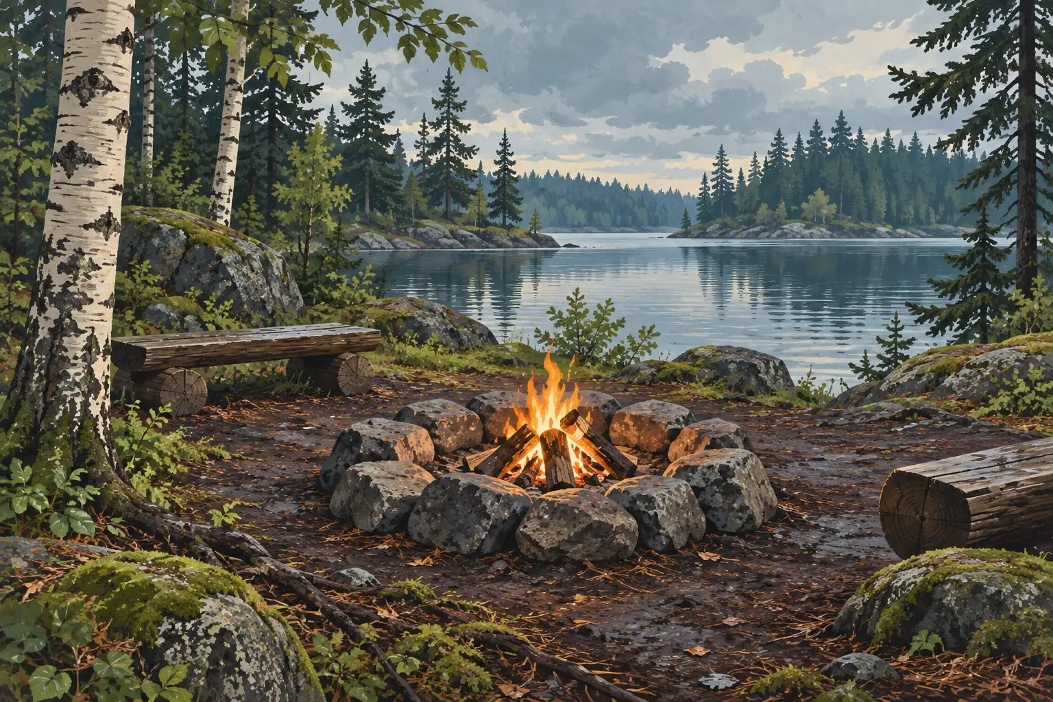 Campfire ringed with stones beside a calm lake, surrounded by birch trees, evergreens, rocks and rustic log benches