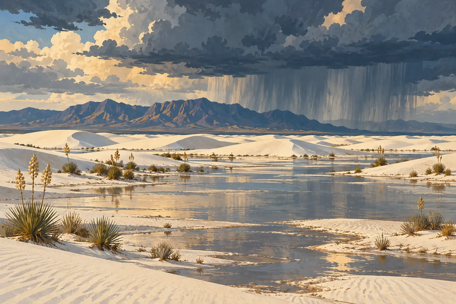Partly flooded white sand dunes with yuccas in the foreground, dark mountains and heavy rain beneath storm clouds