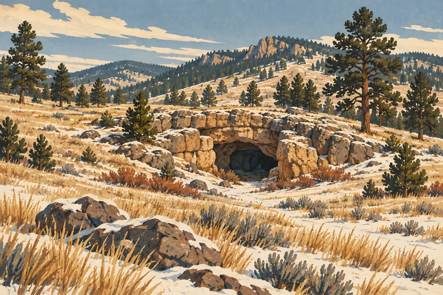 Rocky cave entrance in a snow-covered grassland, surrounded by pine trees, with wooded hills in the distance