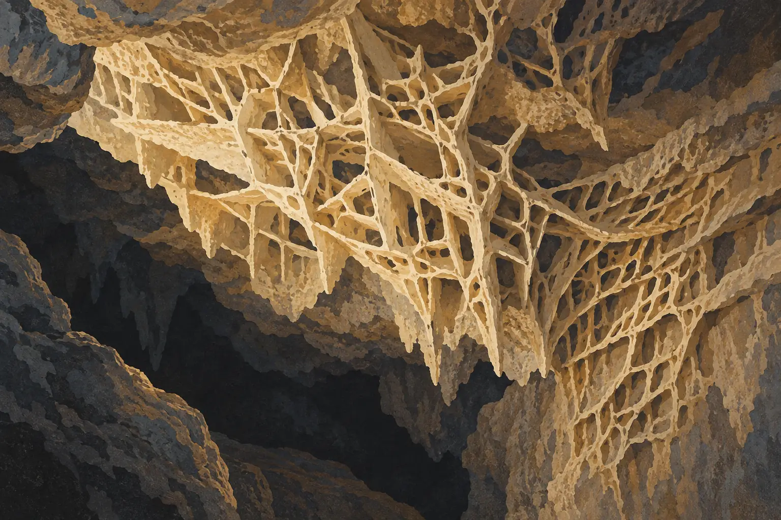 Delicate beige mineral formations forming a honeycomb network hang from the ceiling of a dark rocky cave