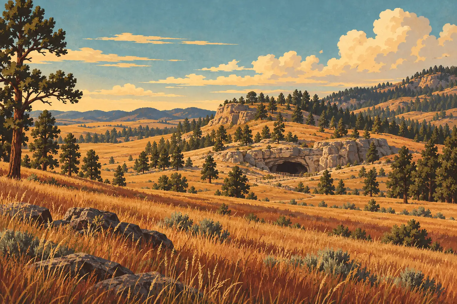 Prairie dorée parsemée de pins et de rochers, avec une entrée de grotte sous des collines et de grands nuages
