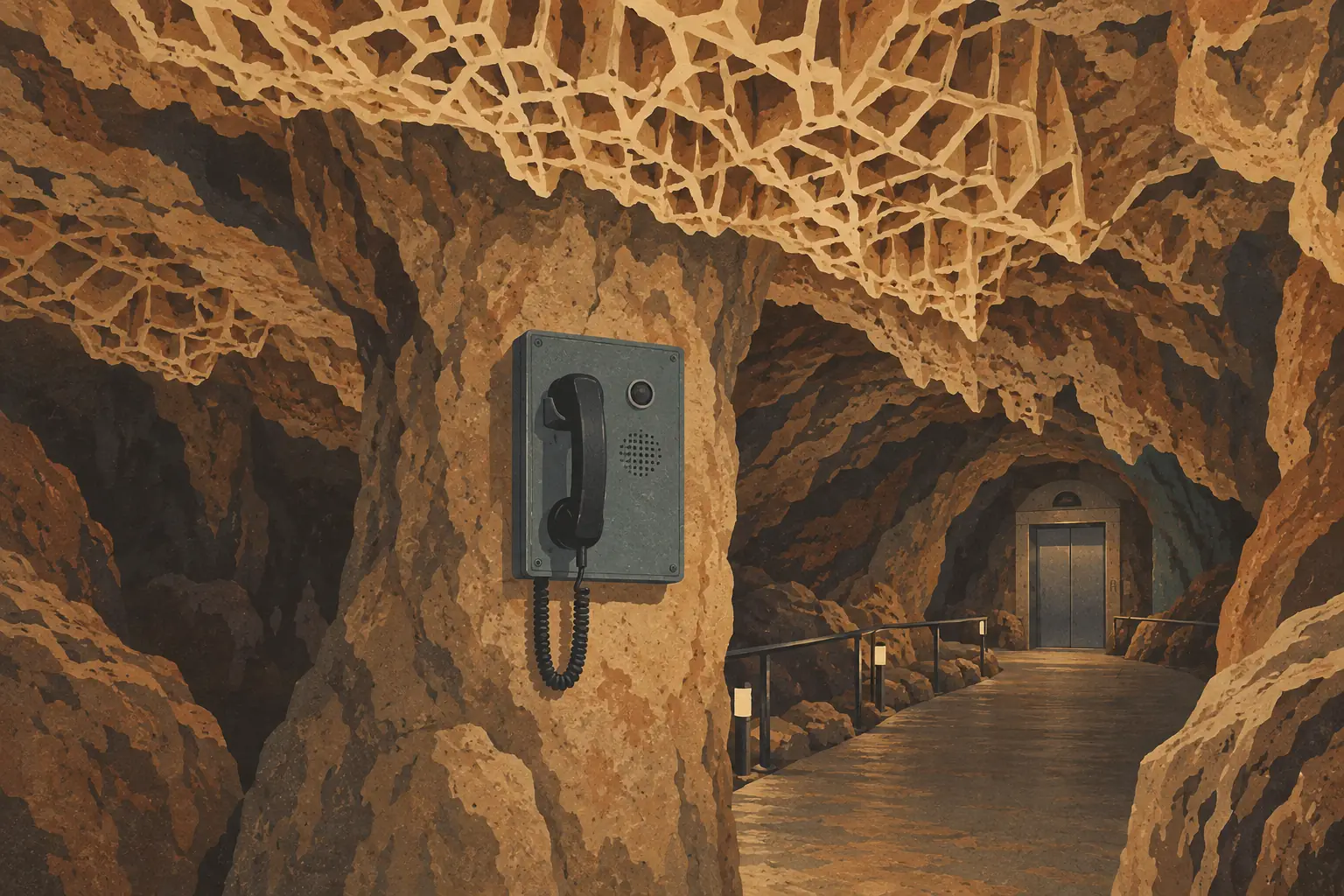 Téléphone mural fixé à une paroi rocheuse, près d’un sentier éclairé menant à un ascenseur au fond d’une grotte