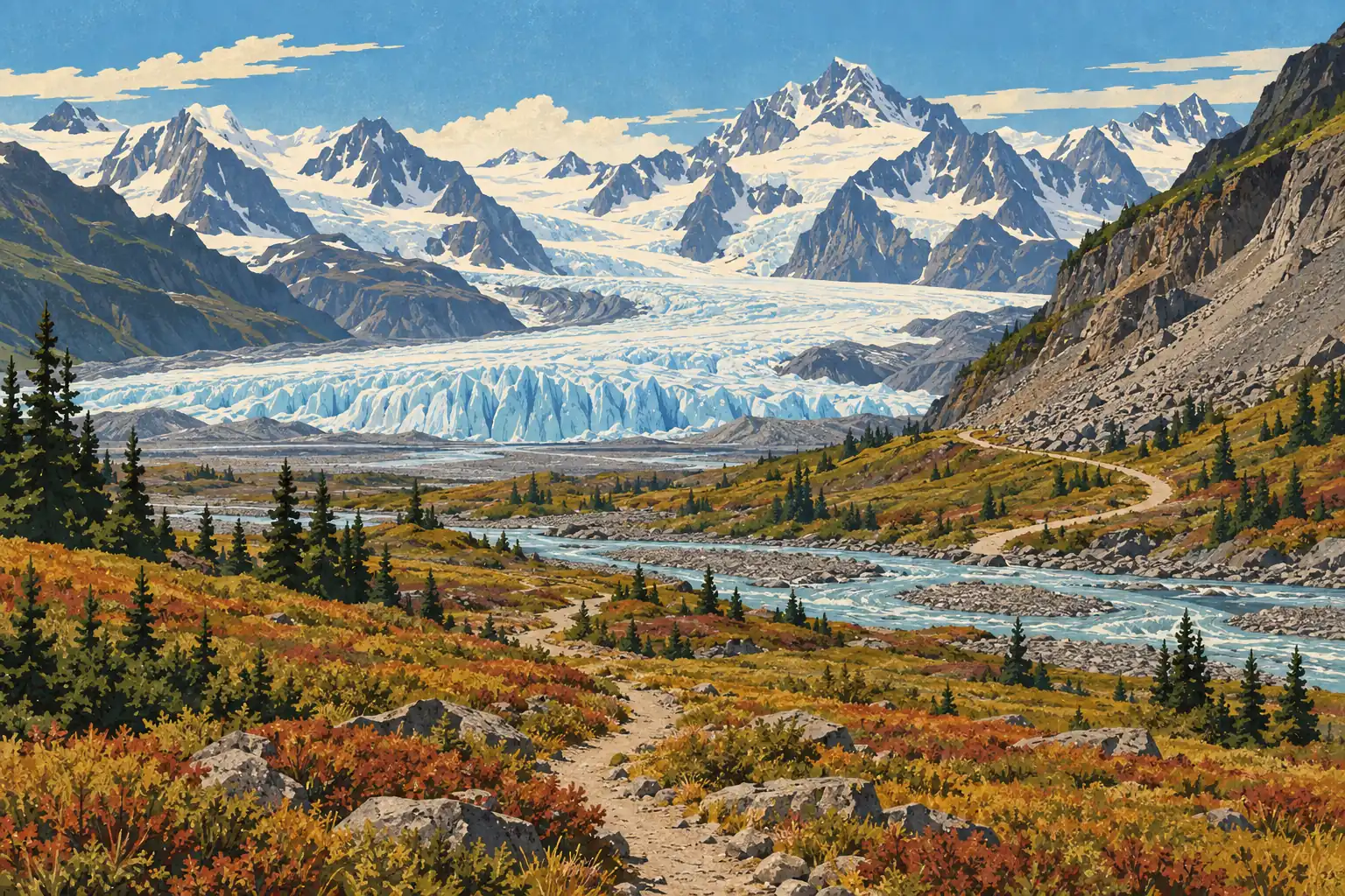 A trail crosses autumn tundra toward a turquoise river and a vast glacier surrounded by towering snow-covered peaks