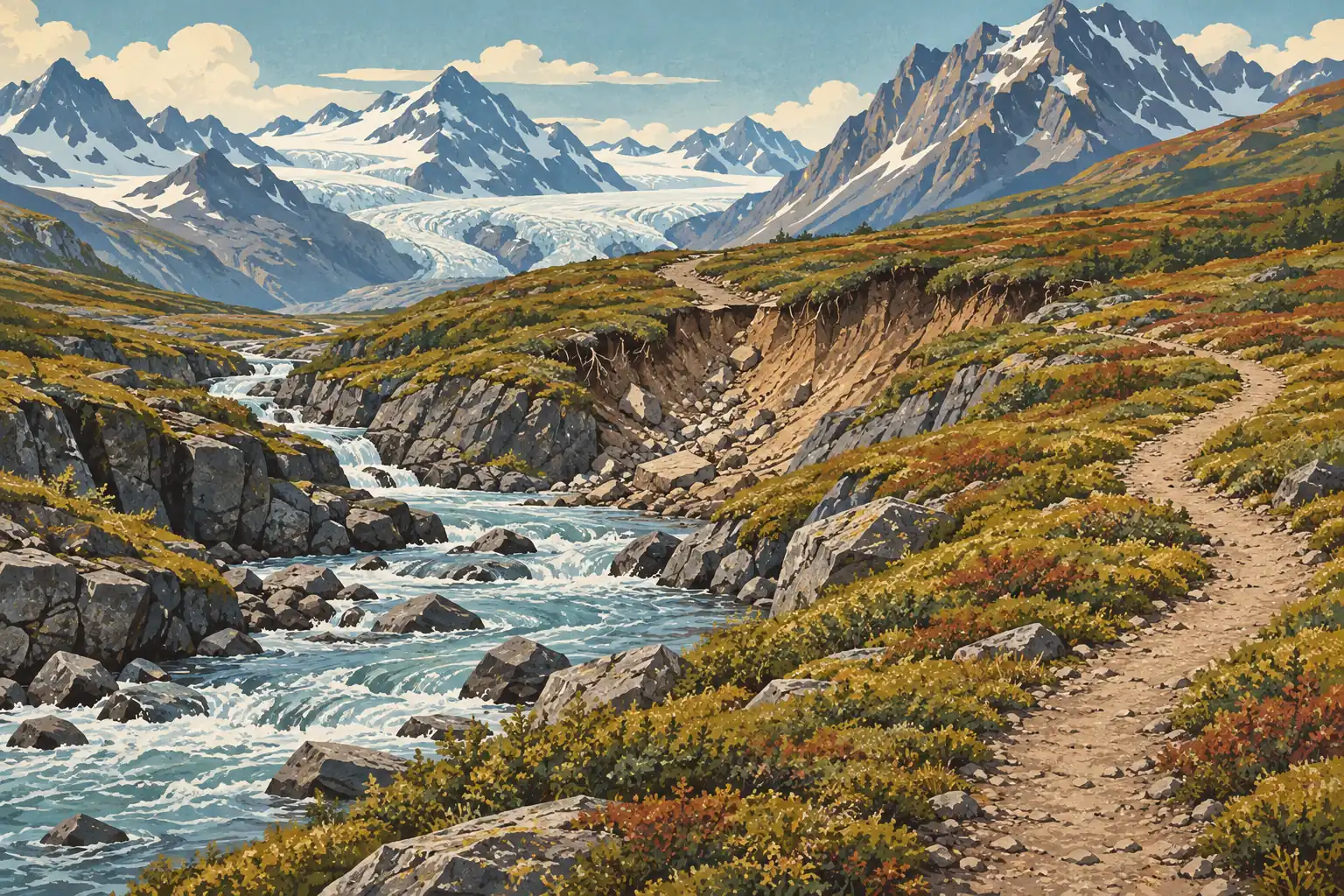 A trail follows a rocky turquoise river toward a vast glacier surrounded by towering snow-covered peaks