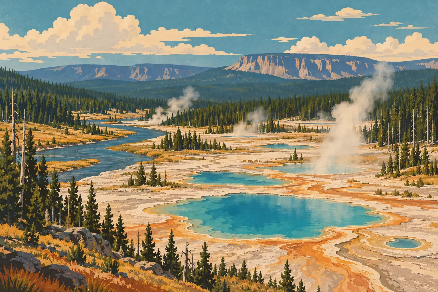 Bassins turquoise et fumerolles dans une vallée boisée de Yellowstone, avec rivière, reliefs et grands nuages