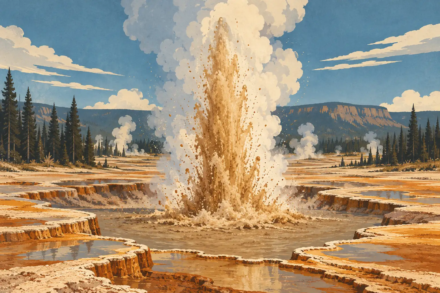 Une puissante éruption d’eau et de boue jaillit d’un bassin thermal, entouré de terrasses minérales et de conifères