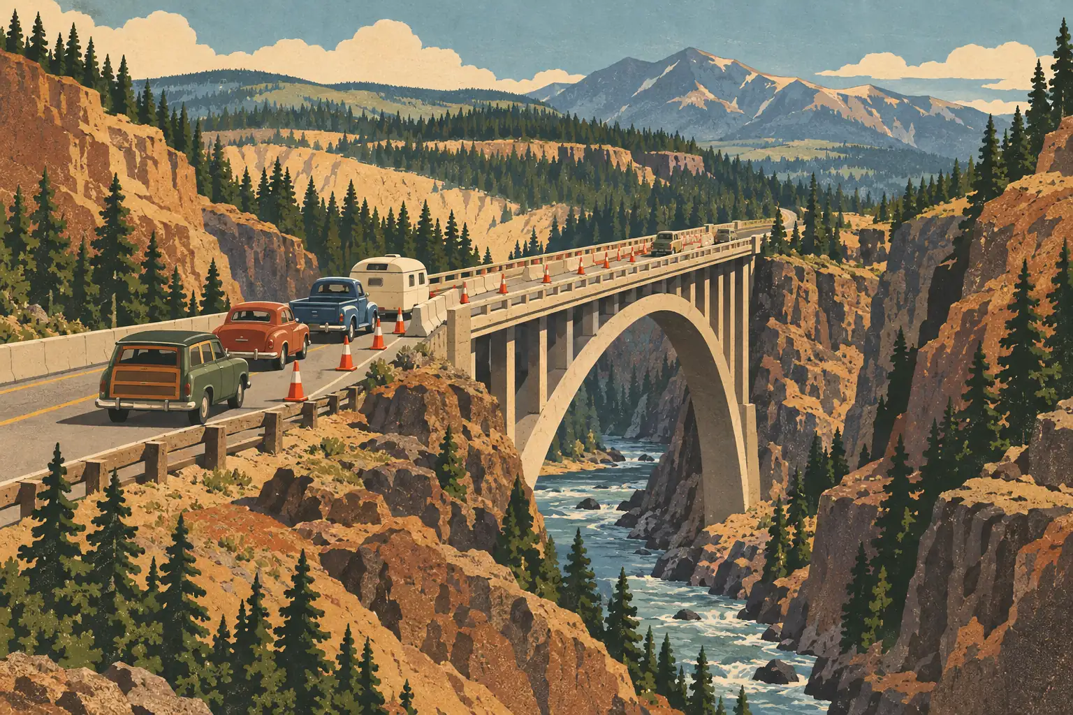 Des voitures et une caravane attendent entre des cônes sur un pont dominant une rivière encaissée, parmi pins et montagnes