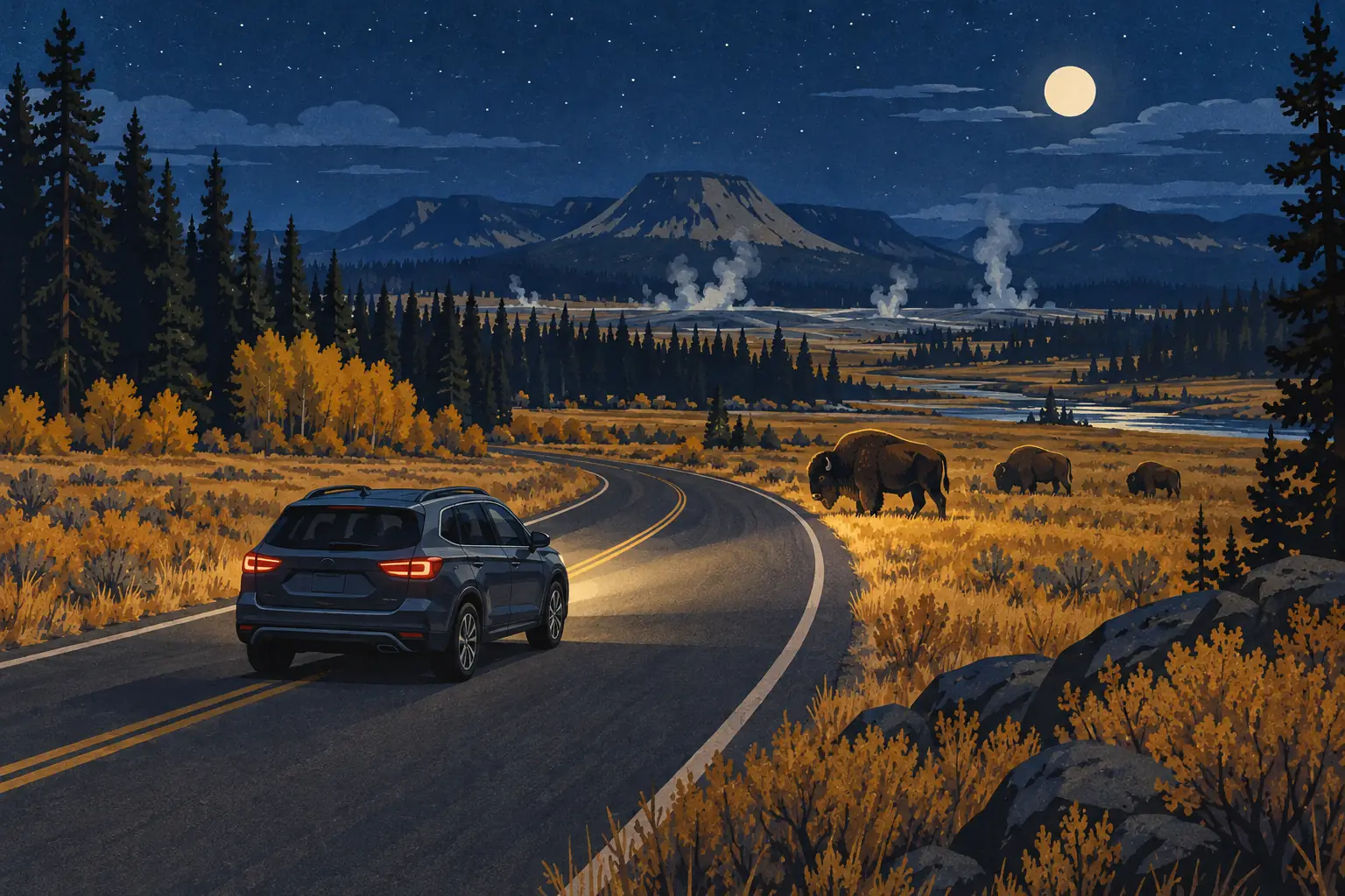 Une voiture roule de nuit sur une route sinueuse de Yellowstone, près de trois bisons, sous la lune et les geysers