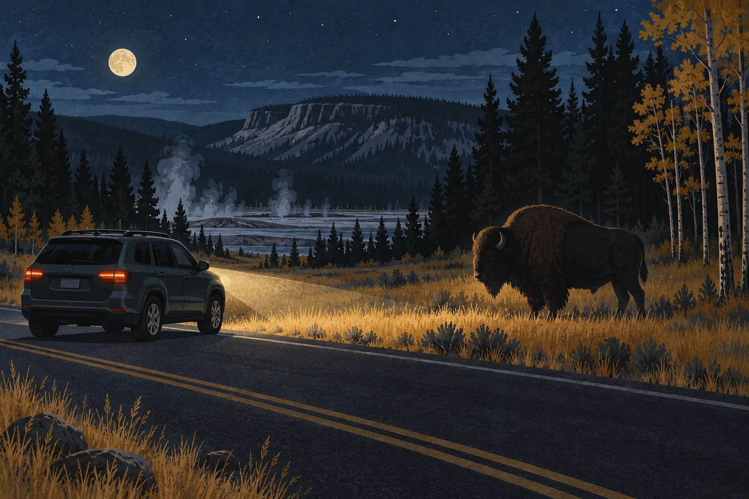 Un SUV roule de nuit près d’un bison au bord de la route, sous la pleine lune, avec forêt, montagne et geysers au loin