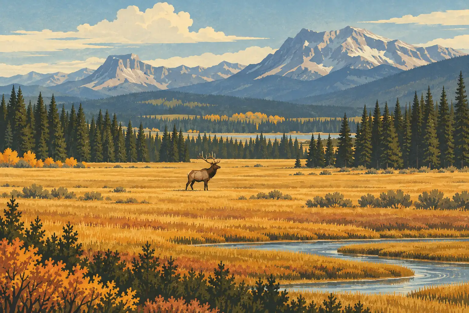 Ein männlicher Wapiti steht in einer weiten goldenen Wiese vor einem gewundenen Fluss, Nadelwäldern und Bergen