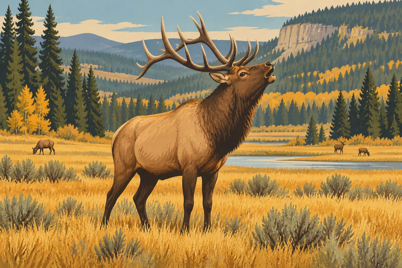 Ein Wapiti-Hirsch röhrt auf einer goldenen Wiese vor einem Fluss, weiteren Wapitis, Nadelwald und Bergen