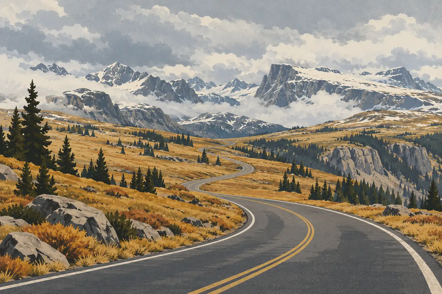 Route sinueuse à travers des prairies dorées et des sapins, menant vers de hautes montagnes enneigées sous les nuages