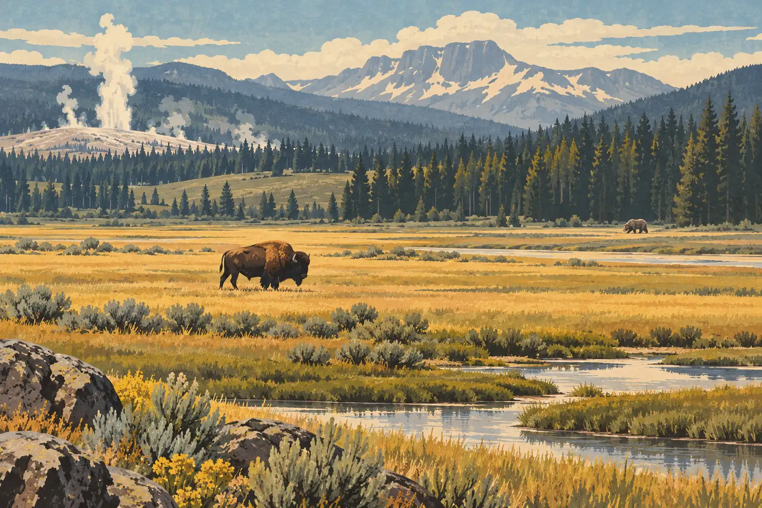 Zwei Bisons durchqueren eine weite Yellowstone-Wiese an einem Fluss, vor dampfenden Geysiren, dichtem Nadelwald und schneebedeckten Bergen
