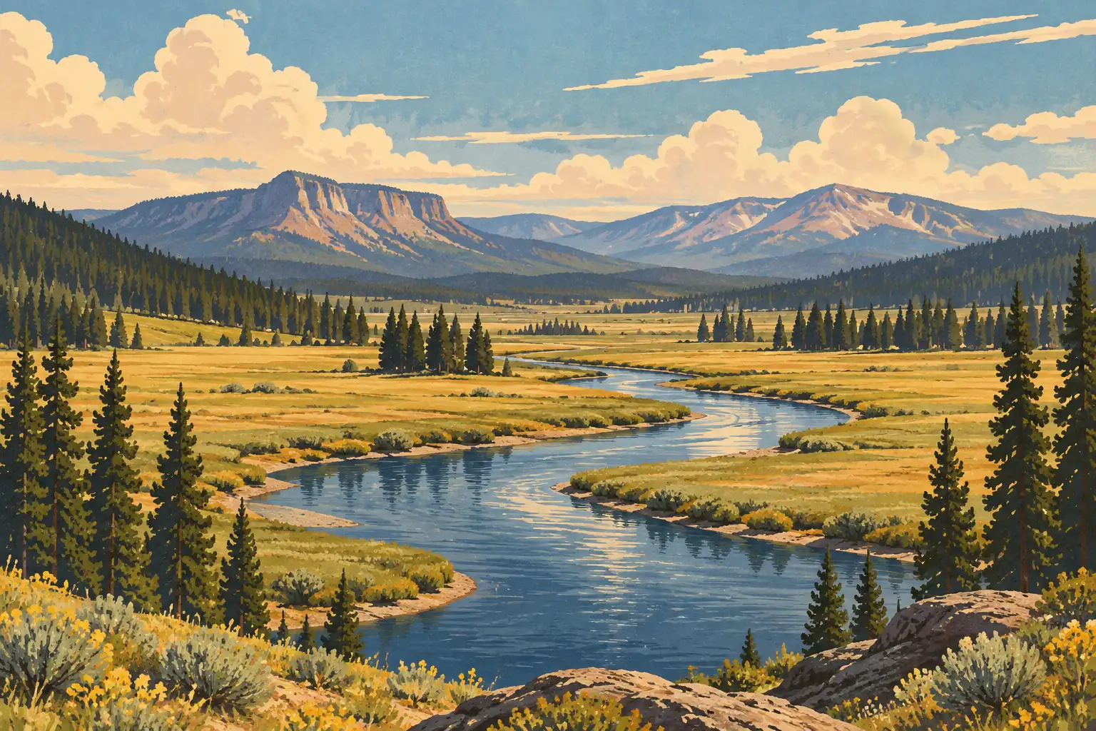 A winding river crosses a vast golden meadow bordered by conifers, with rugged mountains beneath a cloud-filled sky