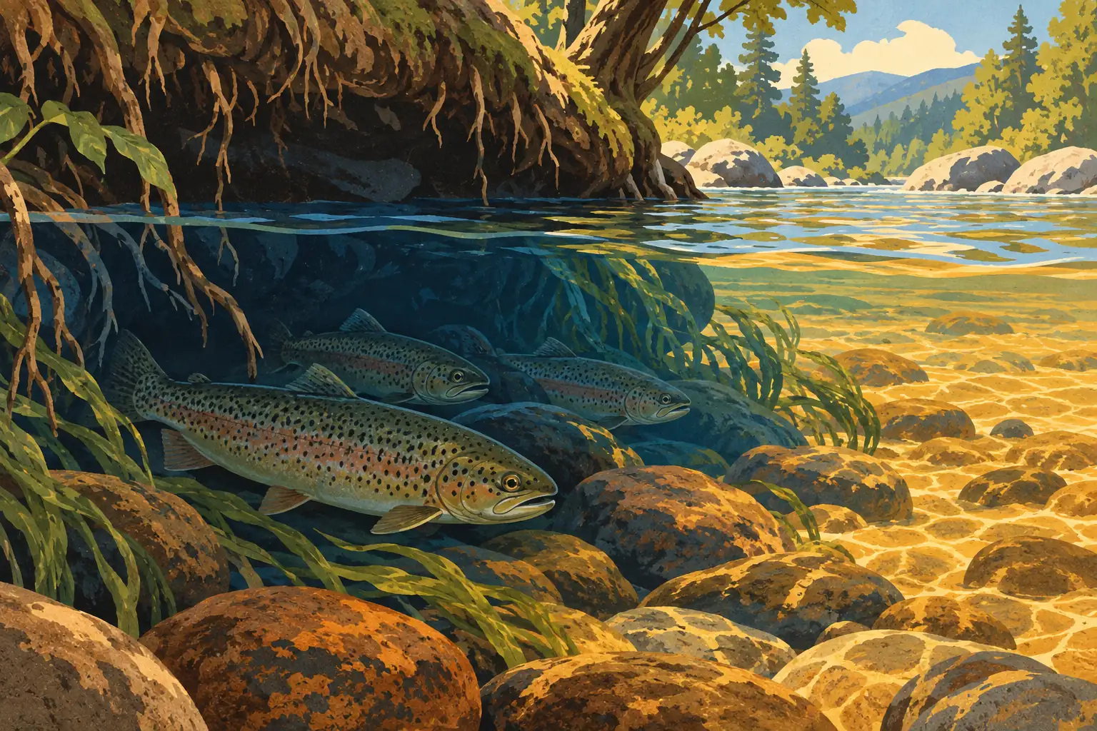 Three trout swim beneath a shaded riverbank in clear water, surrounded by rocks, aquatic plants, trees and distant mountains