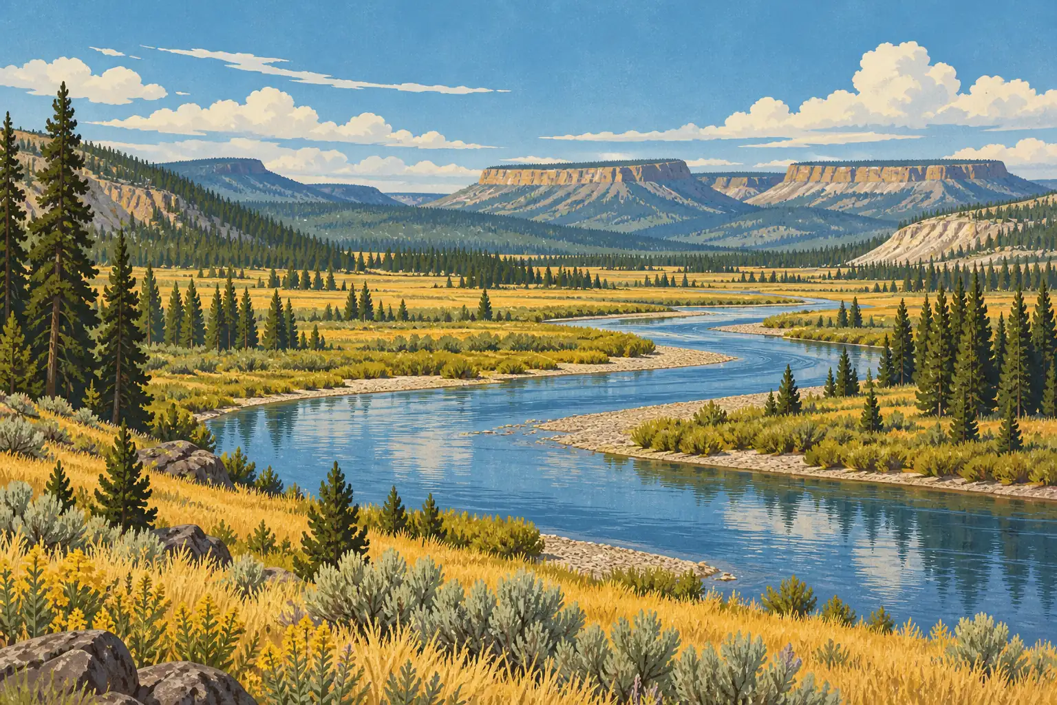 Une rivière sinueuse traverse une vaste prairie dorée, bordée de conifères, avec des plateaux rocheux sous un ciel nuageux