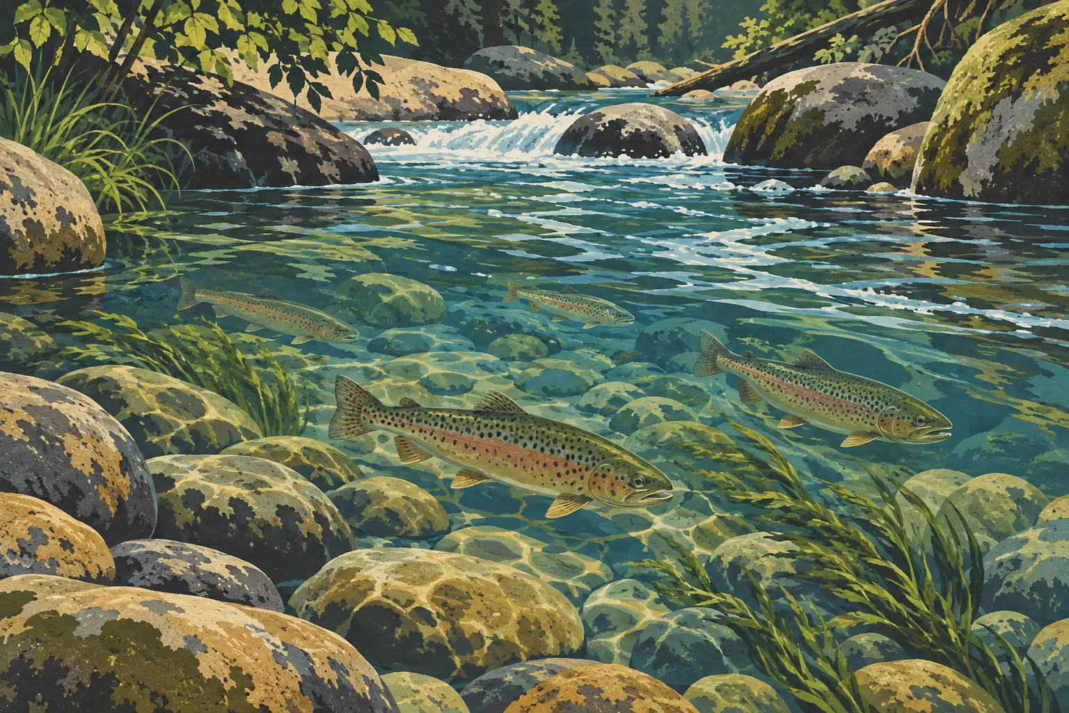 Quatre truites nagent dans une rivière claire et peu profonde, entre des rochers, des herbes et des rapides boisés
