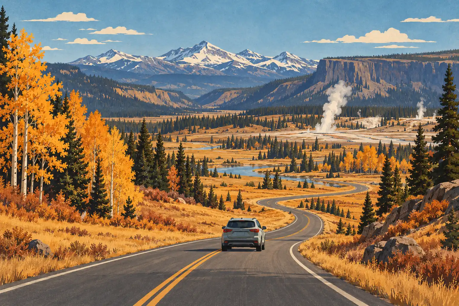 A car follows a winding road through golden aspens toward a geyser-filled valley and snowcapped mountains