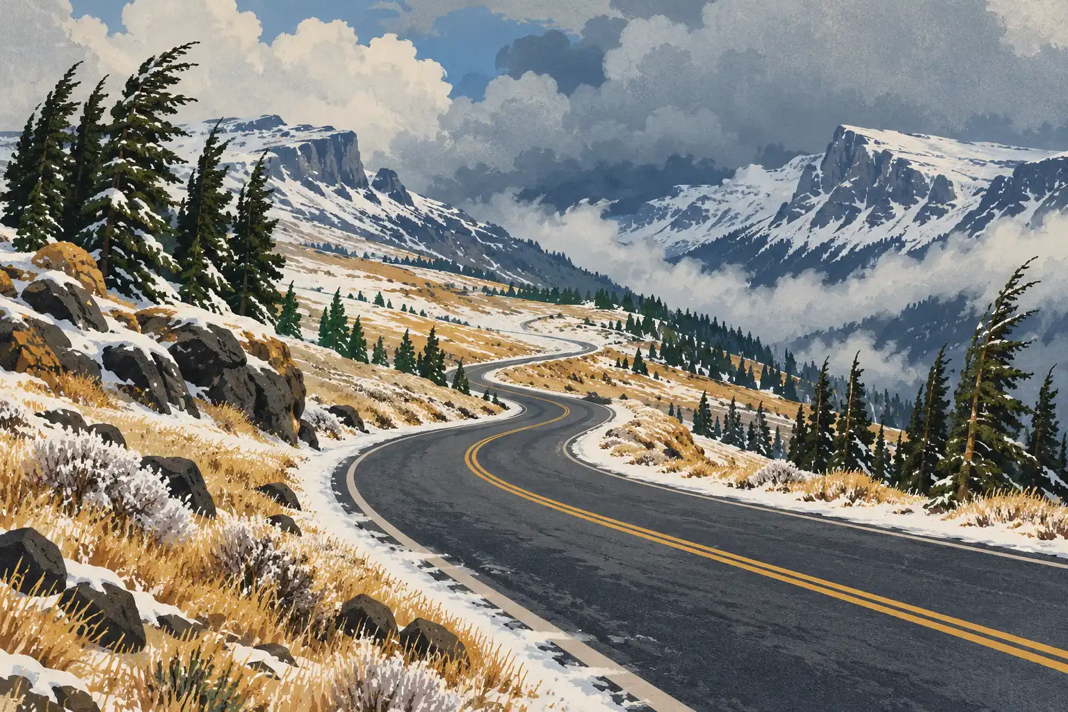 Winding road through a snowy mountain landscape, bordered by rocks and pine trees beneath towering clouds