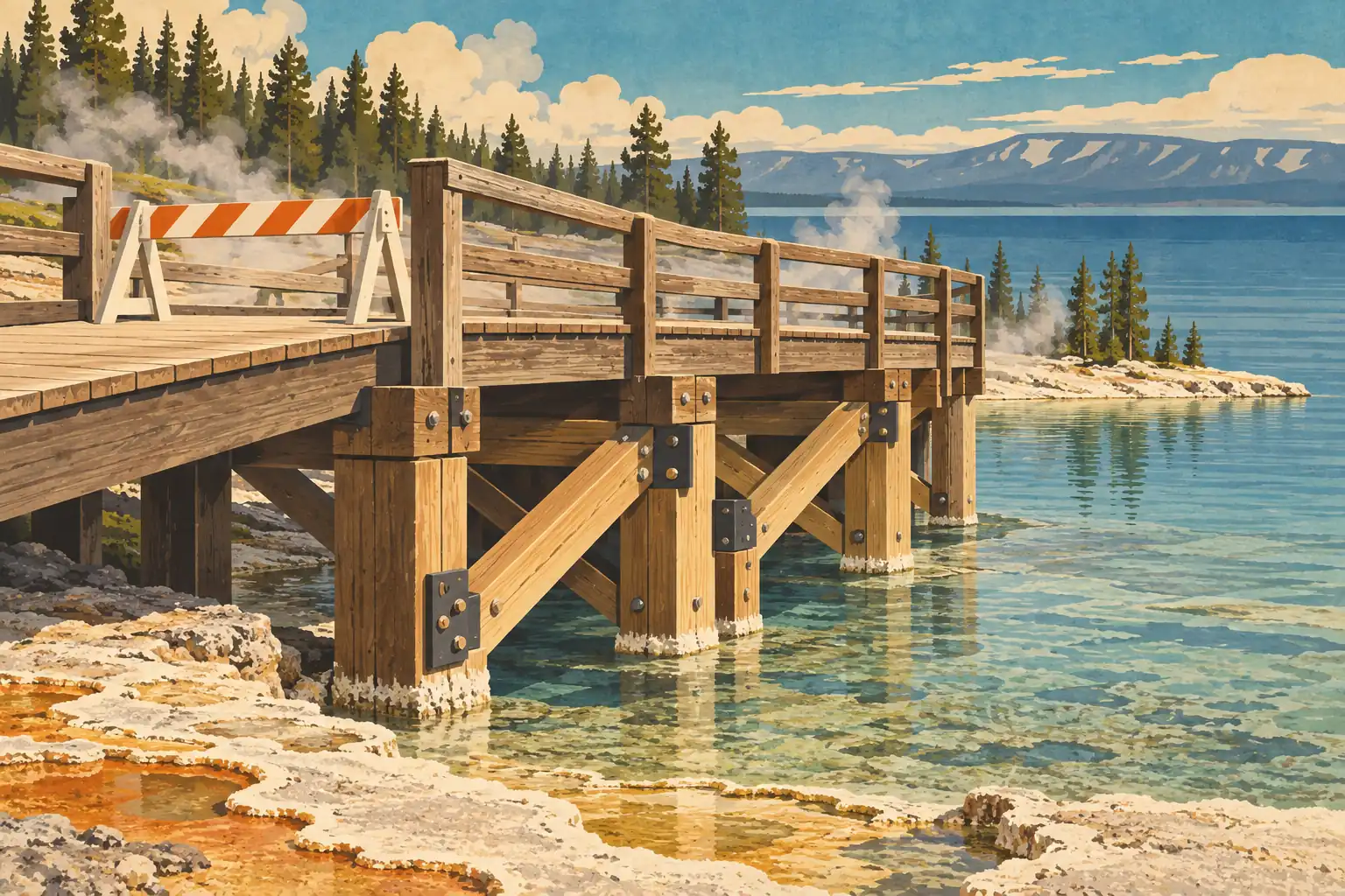 Passerelle en bois fermée par une barrière au-dessus d’une eau claire, avec vapeur, pins, lac et montagnes