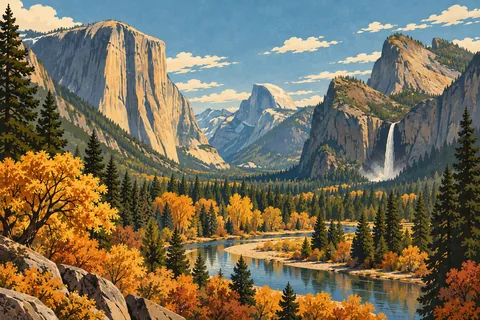 Yosemite Valley in autumn, with a winding river, pine forest, granite cliffs, Half Dome and a waterfall