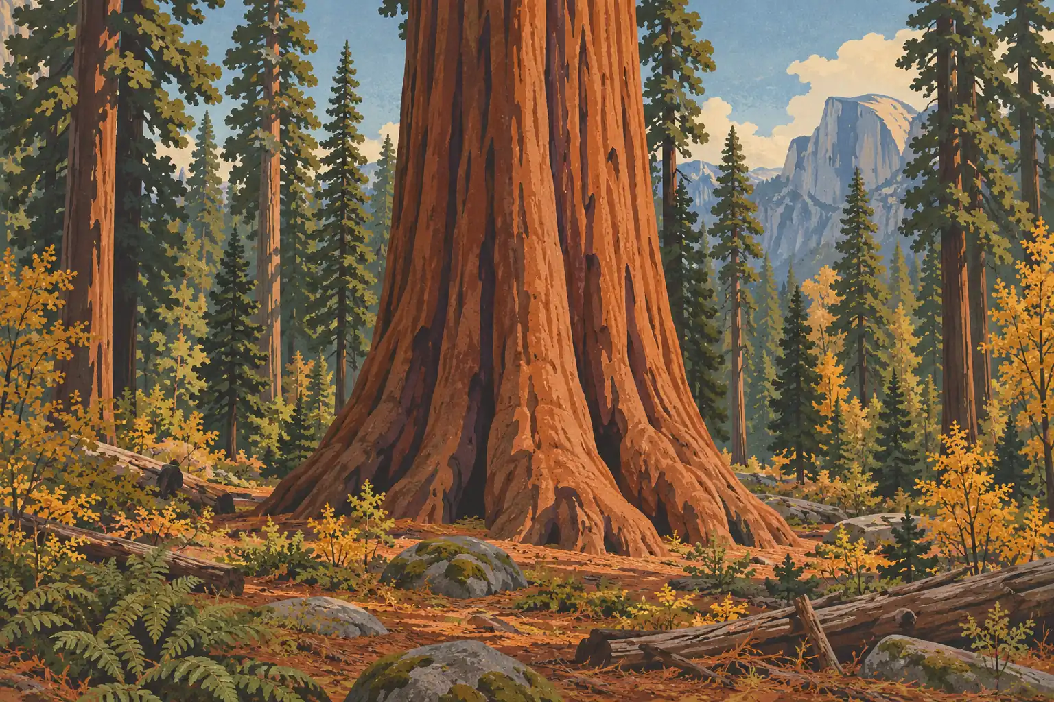 A giant sequoia towers over an autumn forest of conifers, with rocks and fallen logs before Half Dome