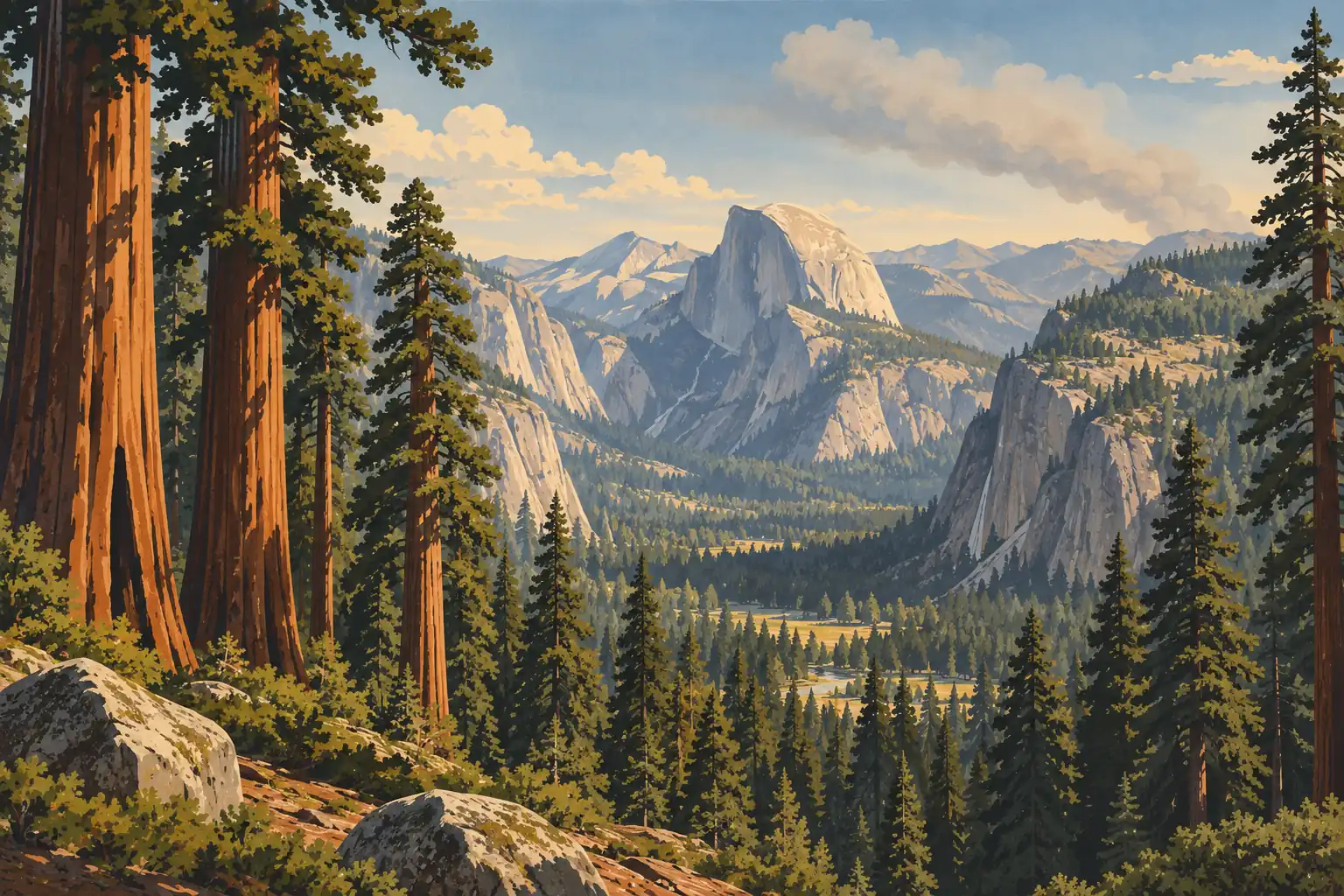 Riesige Mammutbäume rahmen das bewaldete Yosemite-Tal mit Half Dome in der Mitte und einer Rauchwolke in der Ferne