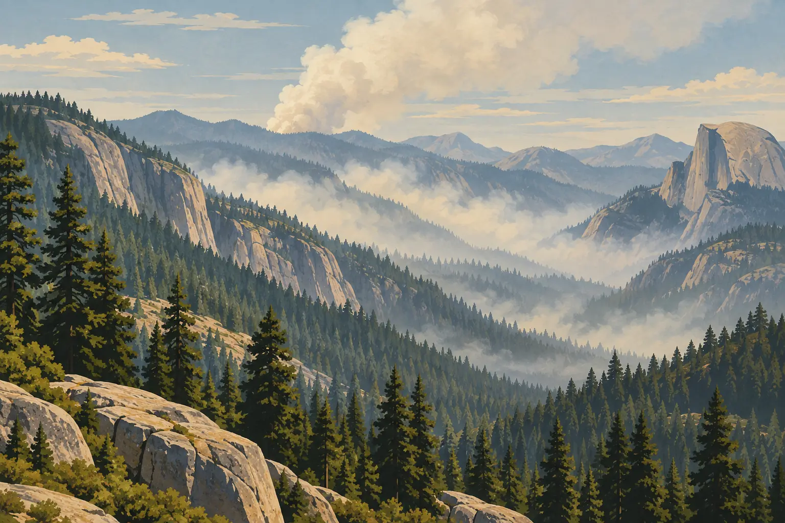 Bergtal mit dichten Kiefern zwischen Granitfelsen, Half Dome und großen Rauchschwaden in der Ferne