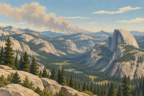 Panoramic view across Yosemite Valley, with Half Dome on the right, pine forests below and smoke rising behind the mountains