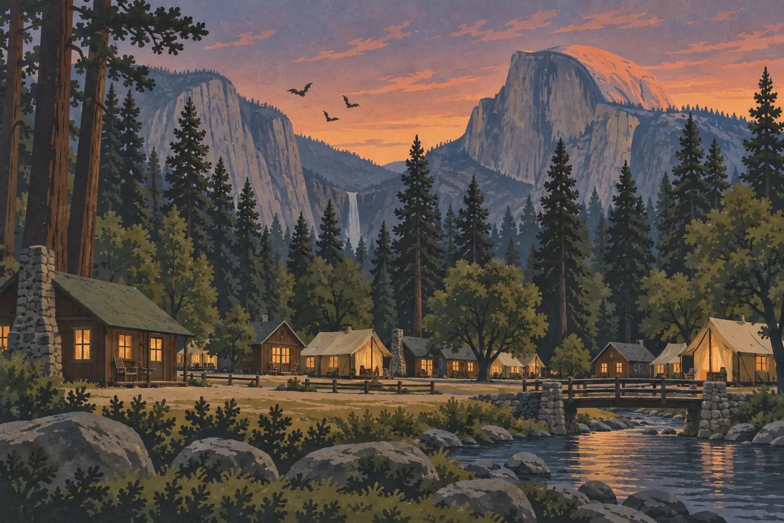 Beleuchtete Hütten und Zelte an einem Fluss unter Yosemites Granitfelsen bei Sonnenuntergang, mit Steinbrücke und drei Fledermäusen