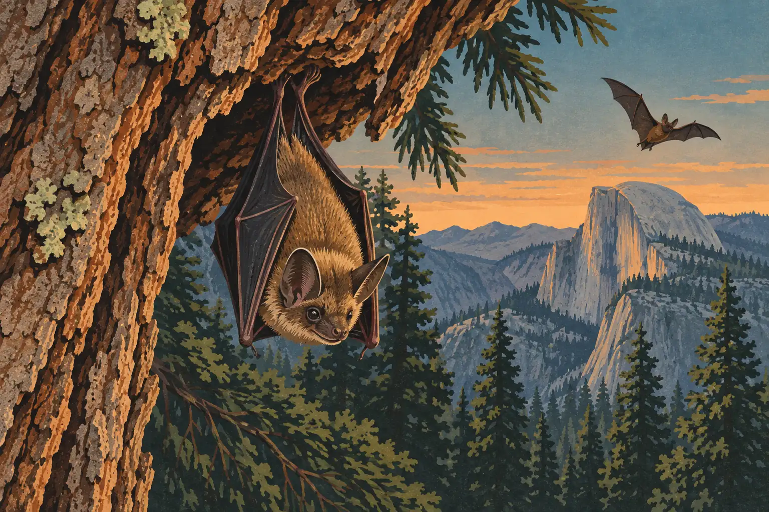 Eine Fledermaus hängt an einem Baumstamm über einem Kiefernwald, während Half Dome im Abendlicht liegt und eine zweite fliegt