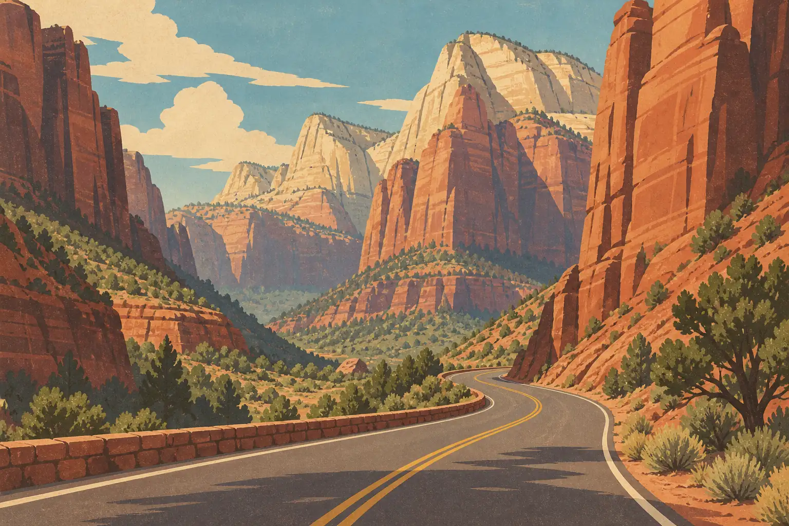 Winding road through a canyon of red cliffs and pale mountain peaks beneath a blue sky with clouds