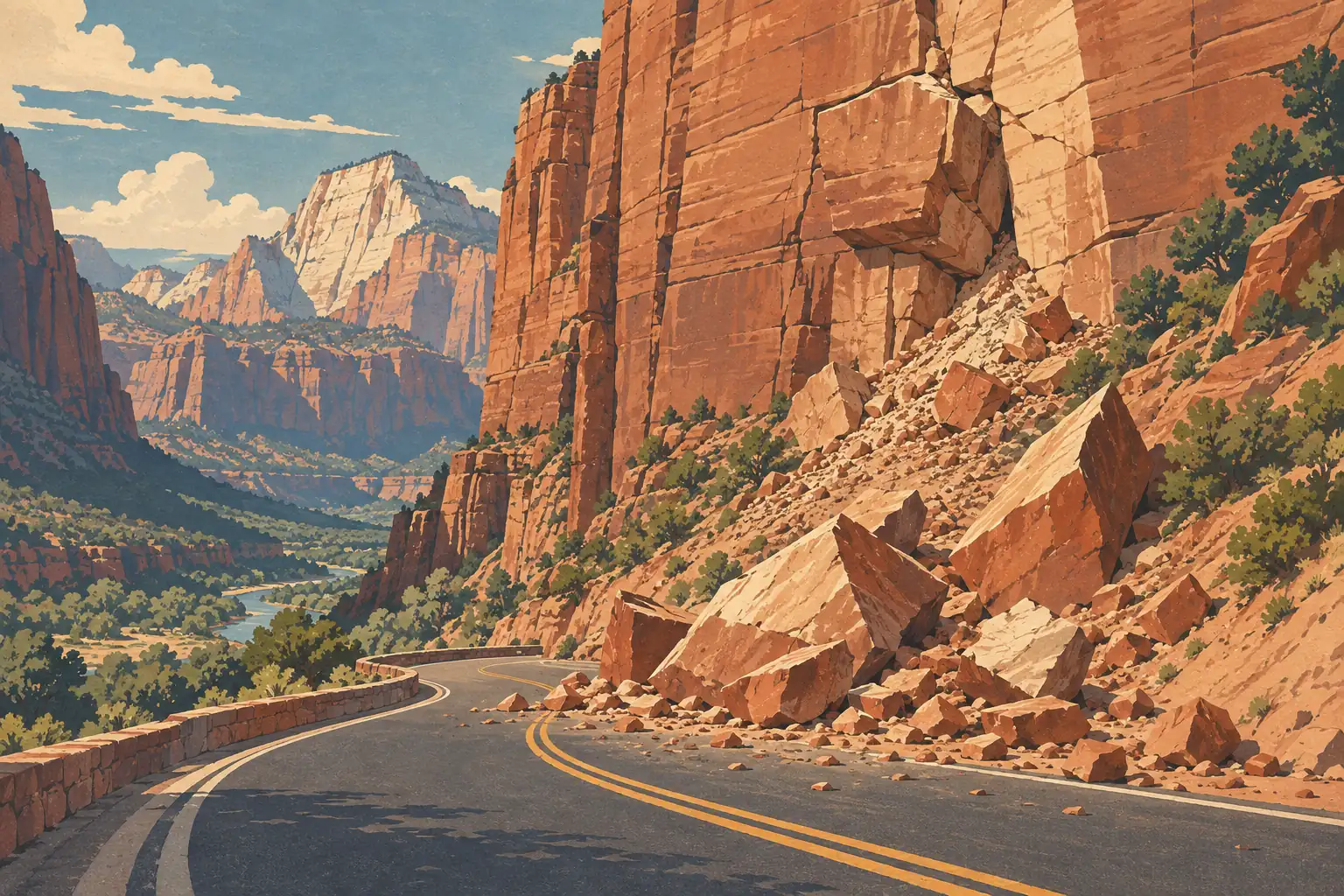 A winding two-lane road beside red canyon cliffs is blocked by large fallen rocks scattered across the pavement