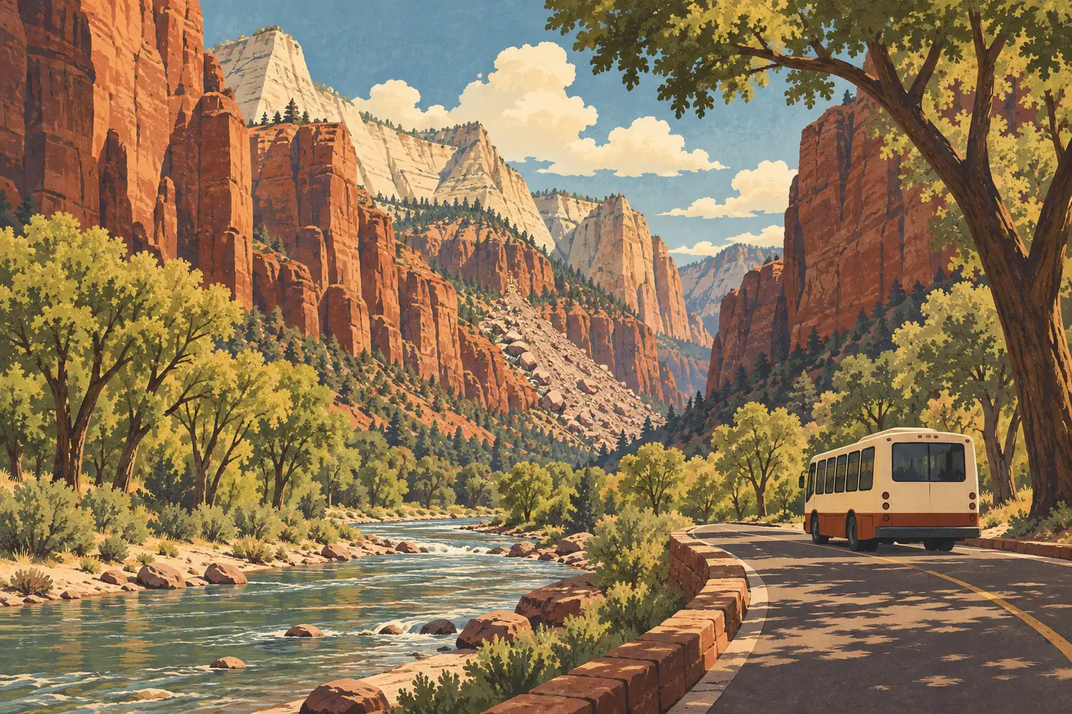A shuttle bus travels through Zion Canyon beside a tree-lined river and towering red and white cliffs