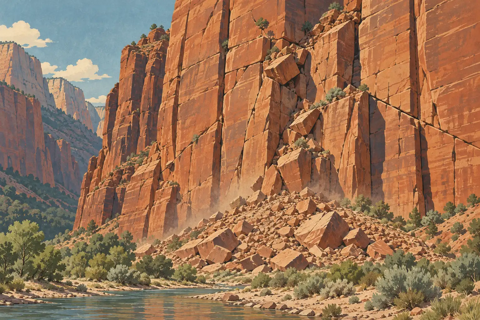 Towering red cliffs above a river, with a large rockfall and scattered shrubs at their base
