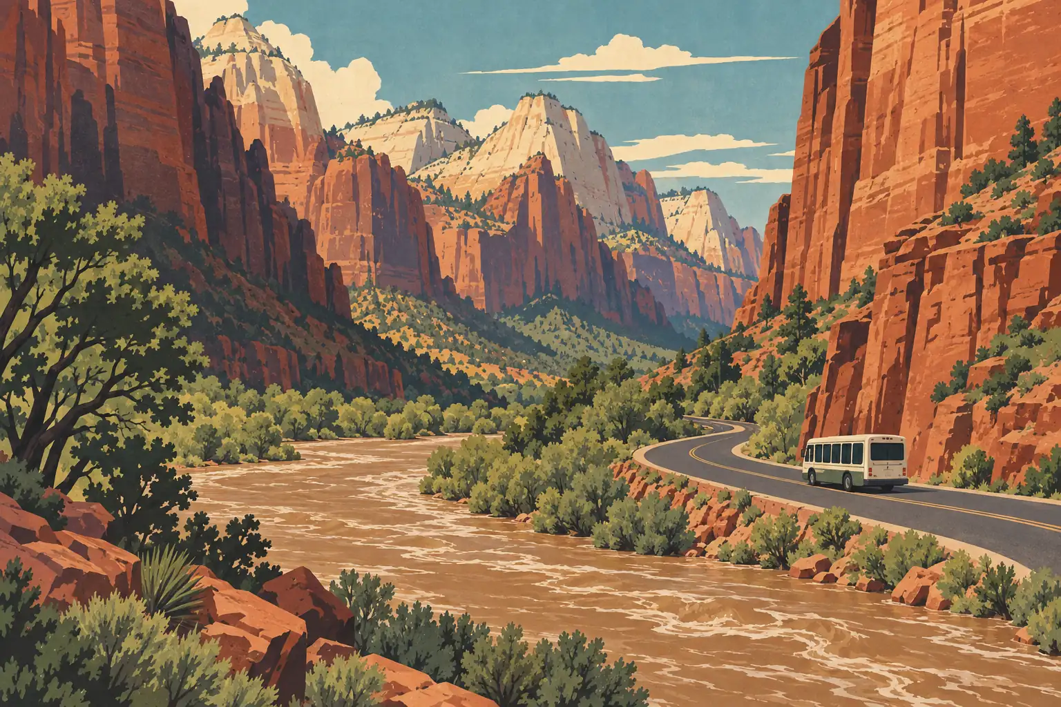 A white bus travels along a winding road beside a muddy river, framed by red cliffs and pale mountain peaks