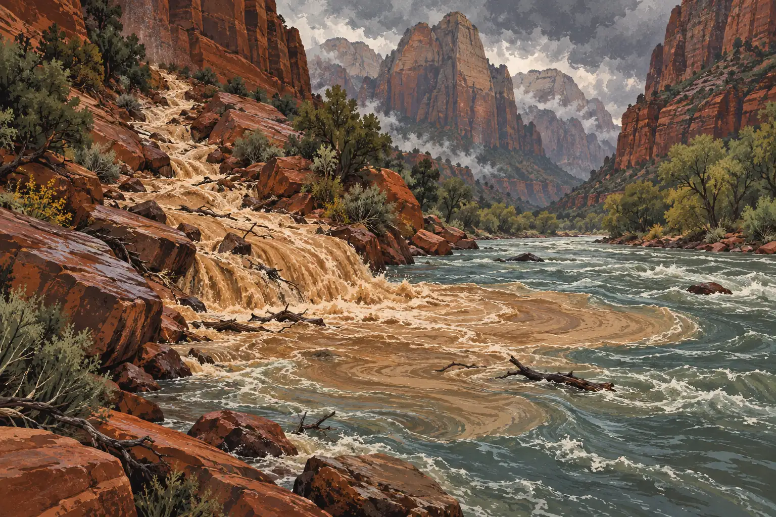 Muddy water cascades over red rocks into a turbulent river, framed by towering canyon cliffs beneath storm clouds