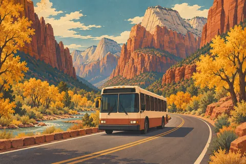 A beige and red bus travels along a winding road beside a river, golden trees and Zion's towering cliffs