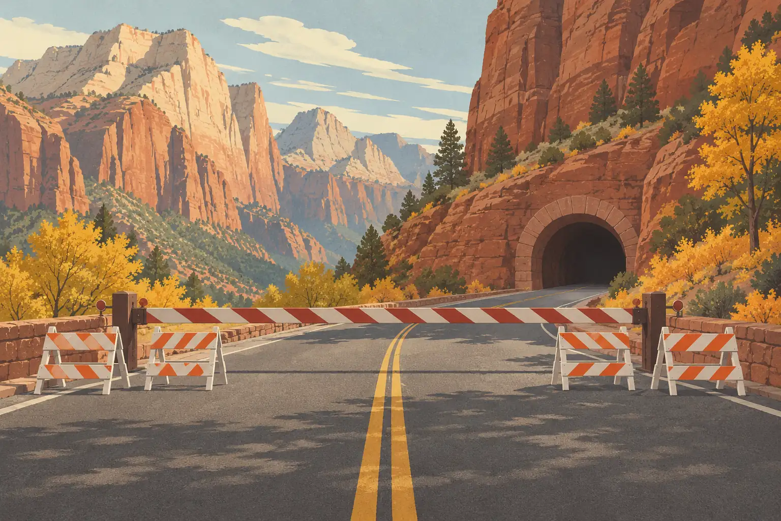 Two-lane road blocked by barriers before a tunnel, amid Zion’s red cliffs and yellow autumn trees